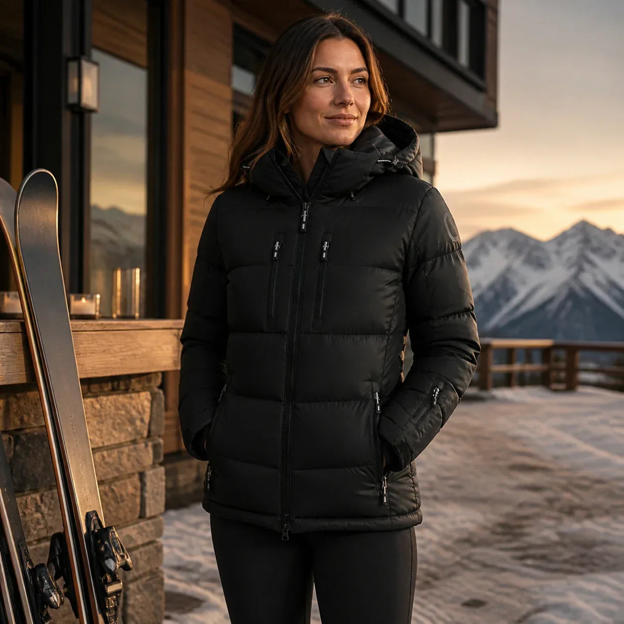 Woman wearing the black Arctica Classic Down Packet 2.0 beside skis at an alpine lodge