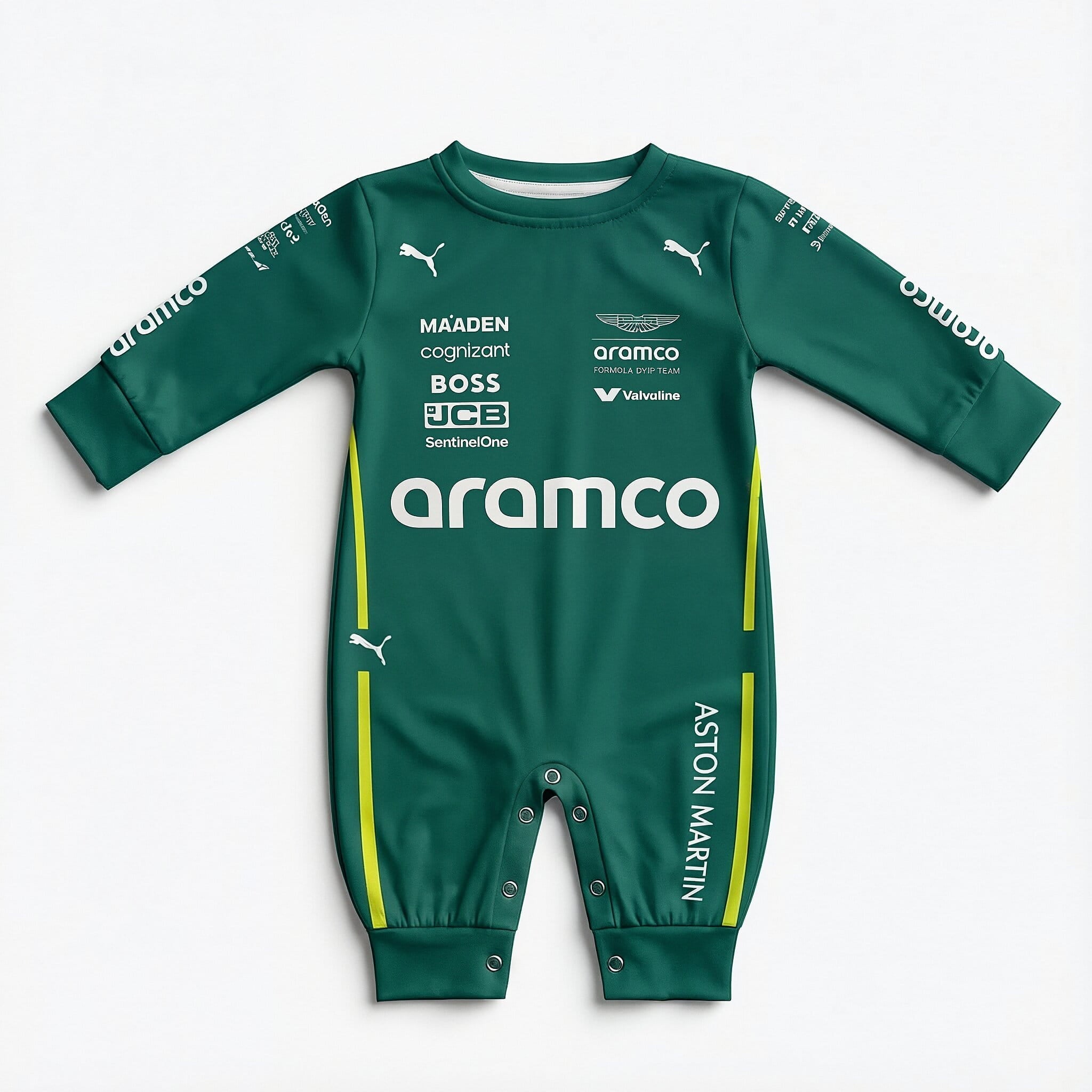 Aston Martin Longsleeve Jumpsuit 2025 front view baby onesie by Dash Racegear