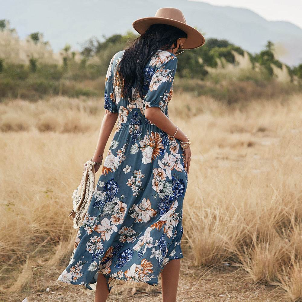 Floral Summer Beach Dress With V Neck Elastic Waist Dresses For Women - Dash Racegear Store