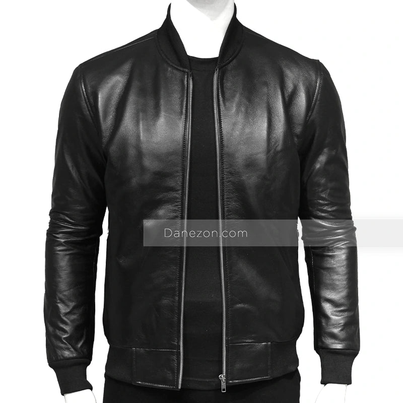 Men’s Black Leather Bomber Jacket Bomber Jacket men front product view | Dash Racegear — black bomber leather jacket for mens fashion