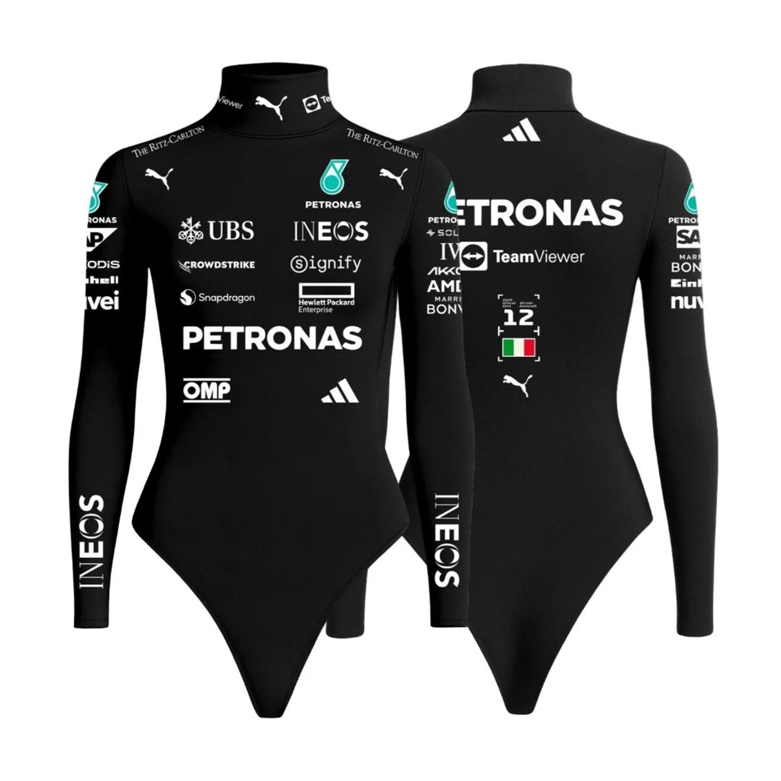 Black F1 Women Bodysuit F1 Racing Suit Base Layer Motorsport by Dash Racegear, front product view, design 4012