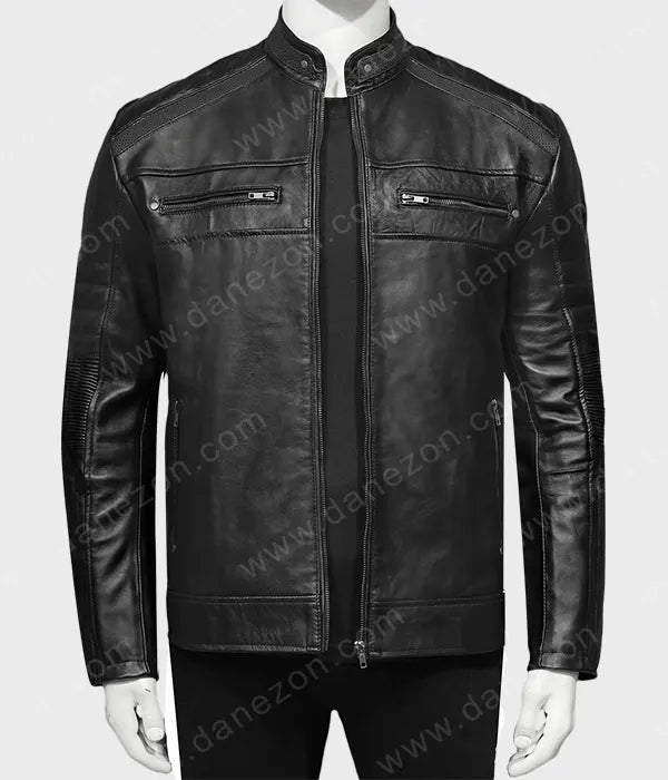 Black Johnson Men Leather Jacket Leather Jacket men detail view 3 | Dash Racegear — Men Black Leather Biker Jacket