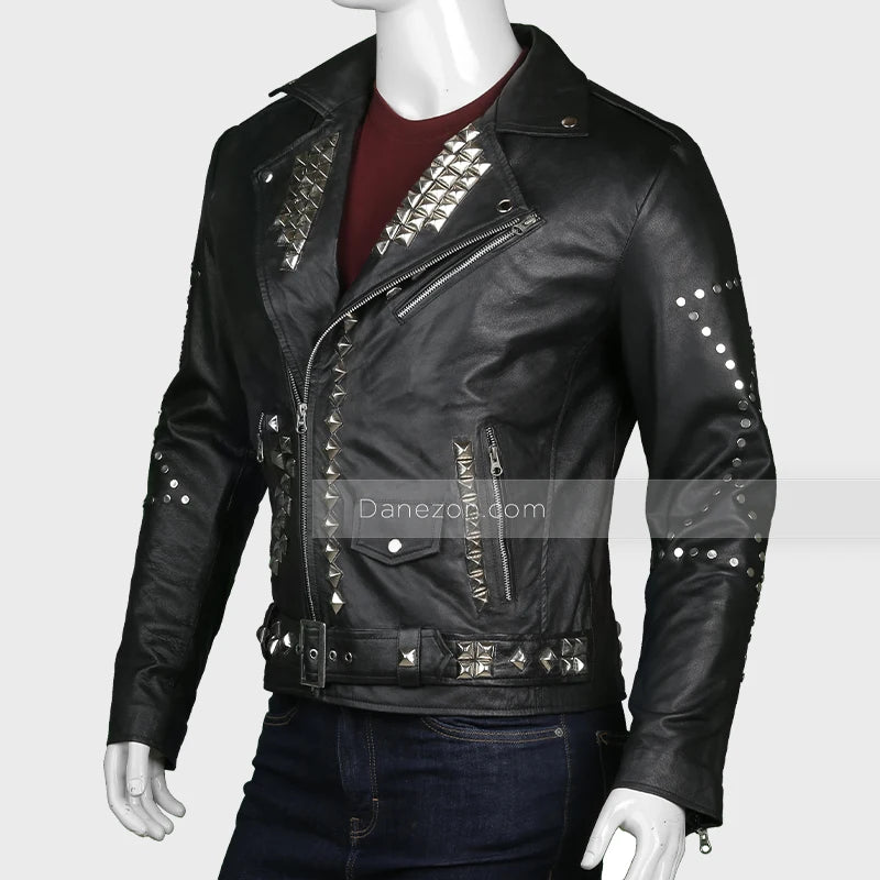 Mens Black Biker Studded Leather Jacket Biker Jacket men detail view 3 | Dash Racegear — Men black biker studded jacket