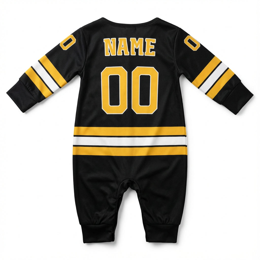 Boston Brunis - Hockey Baby Onesie Jumpsuit back view baby onesie by Dash Racegear