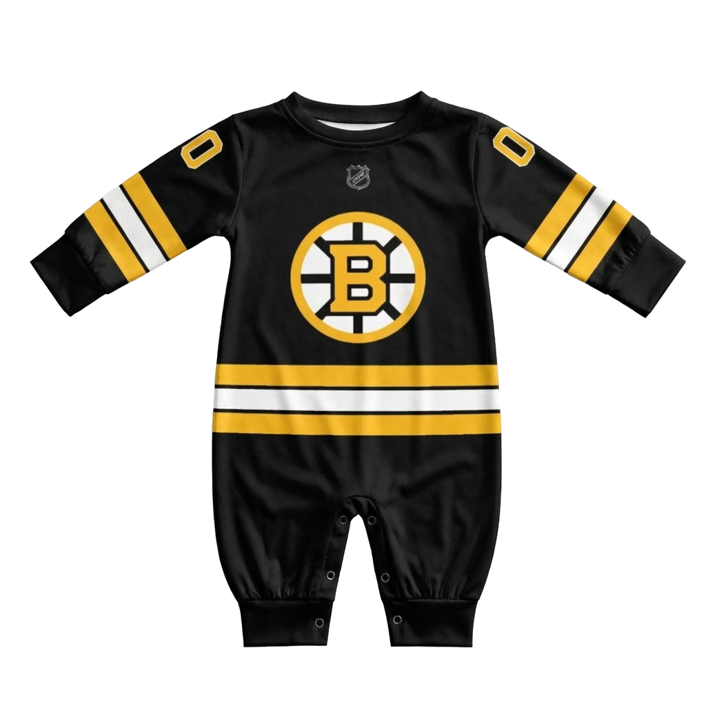 Boston Brunis - Hockey Baby Onesie Jumpsuit front view baby onesie by Dash Racegear