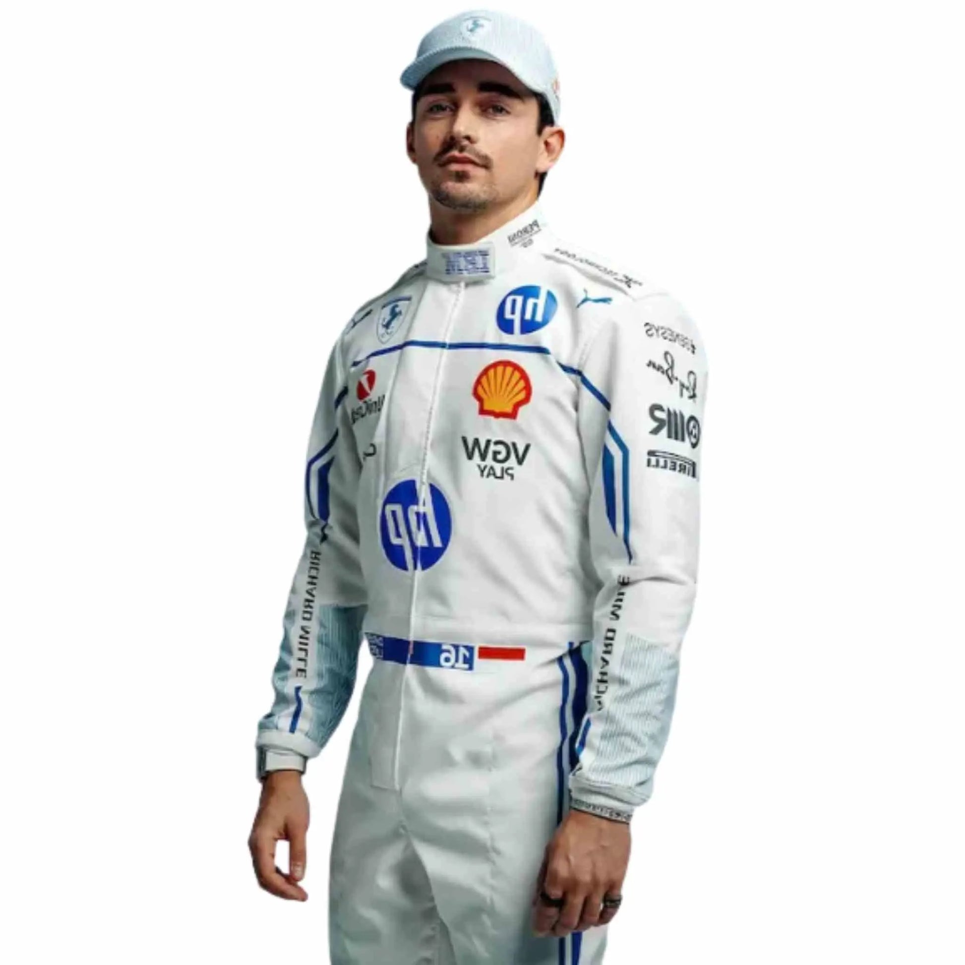 Charles Leclerc 2025 Monaco Grand Prix Ferrari F1 Inspired Race Suit in Ferrari Red, Side view showing printed sponsor logos, by DASH RACEGEAR