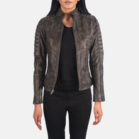 Adalyn Quilted Distressed Brown Leather Biker Jacket by Dash Racegear - women Jacket view 1