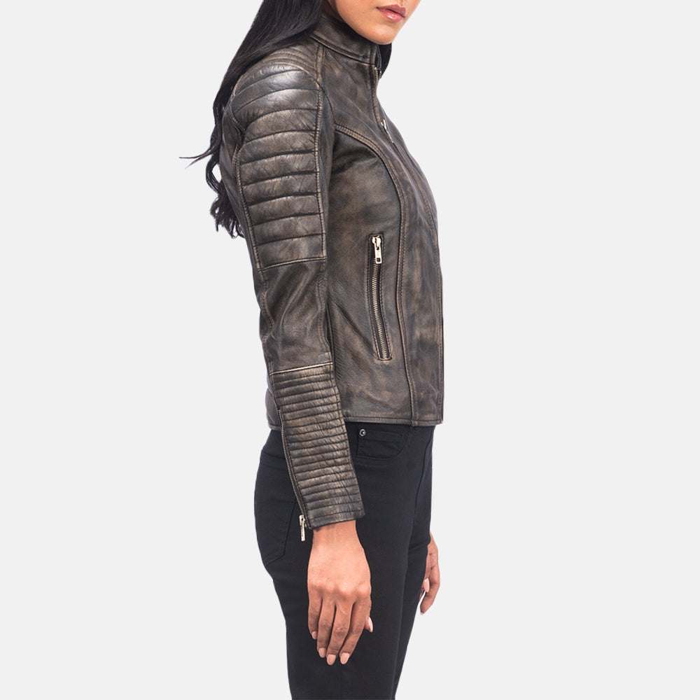 Adalyn Quilted Distressed Brown Leather Biker Jacket by Dash Racegear - women Jacket view 2