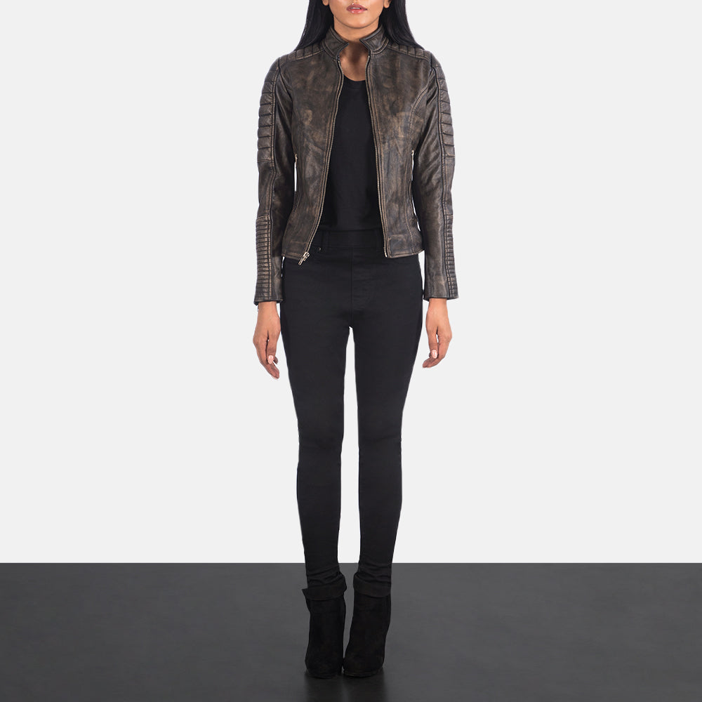 Adalyn Quilted Distressed Brown Leather Biker Jacket by Dash Racegear - women Jacket view 3