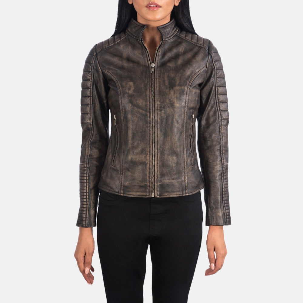 Adalyn Quilted Distressed Brown Leather Biker Jacket by Dash Racegear - women Jacket view 4