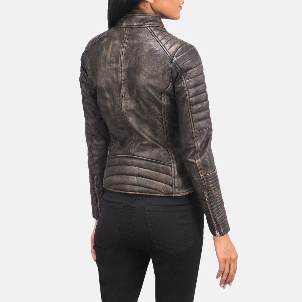Adalyn Quilted Distressed Brown Leather Biker Jacket by Dash Racegear - women Jacket view 5