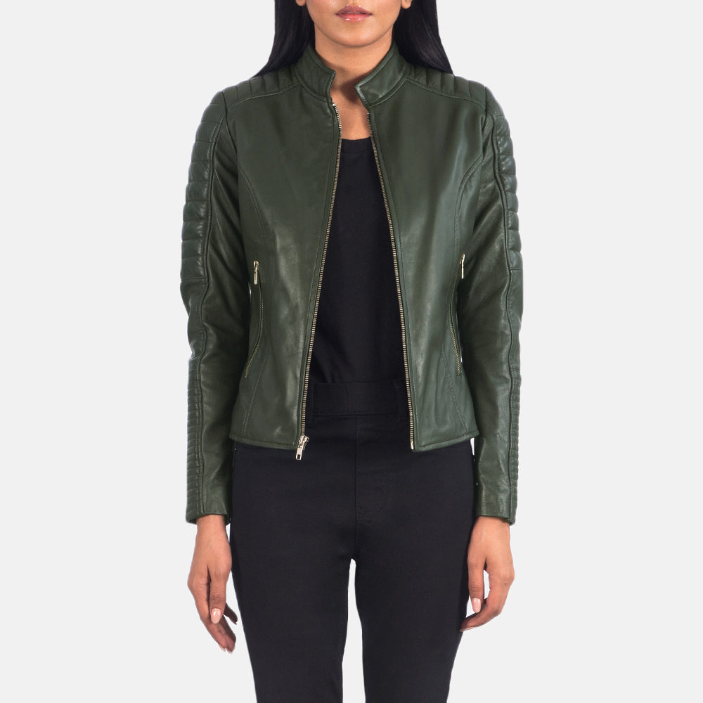 Adalyn Quilted Green Leather Biker Jacket by Dash Racegear - women Jacket view 1