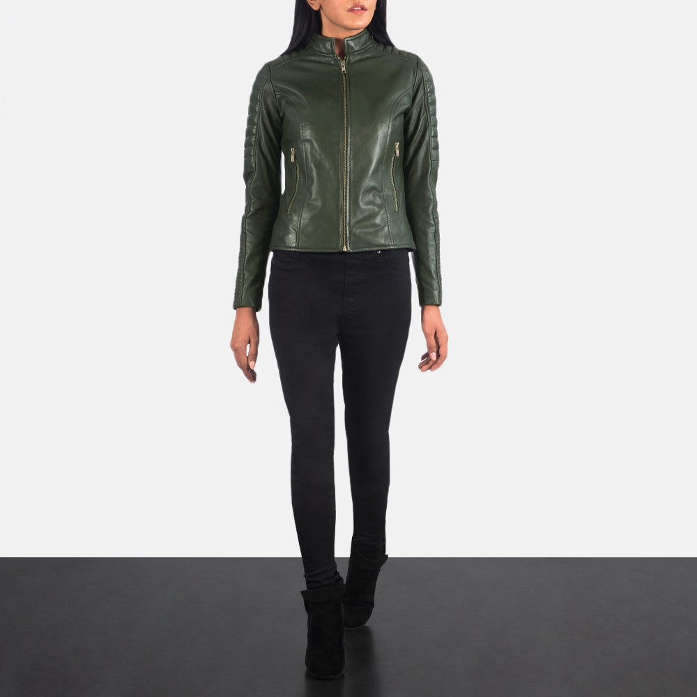 Adalyn Quilted Green Leather Biker Jacket by Dash Racegear - women Jacket view 3