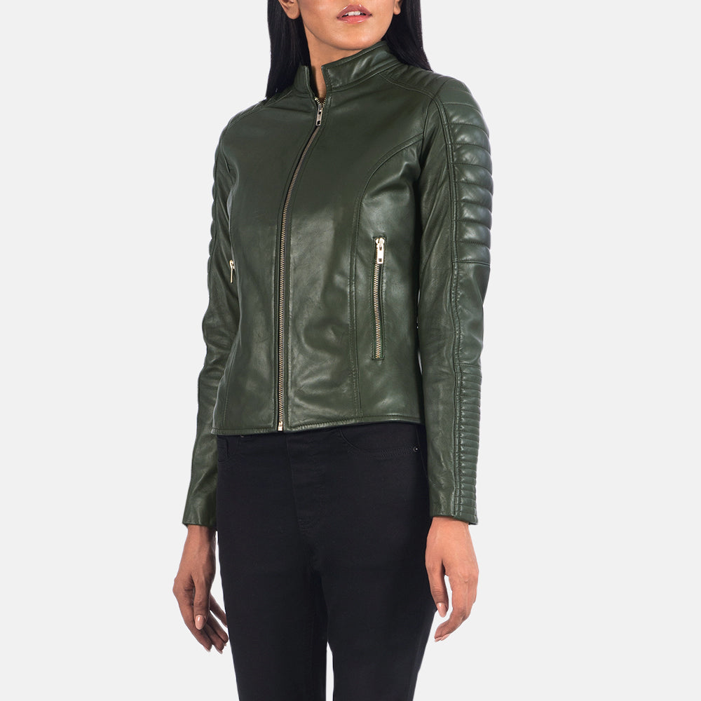 Adalyn Quilted Green Leather Biker Jacket by Dash Racegear - women Jacket view 4