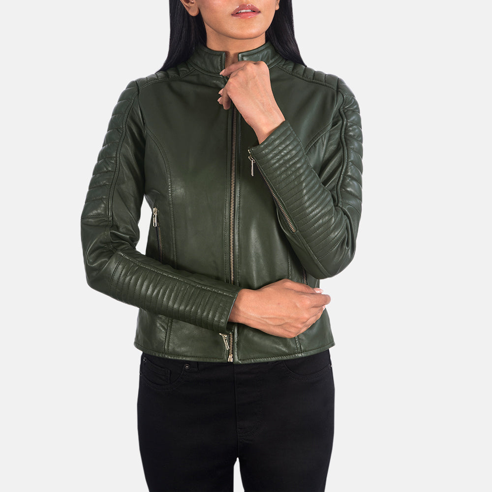 Adalyn Quilted Green Leather Biker Jacket by Dash Racegear - women Jacket view 6