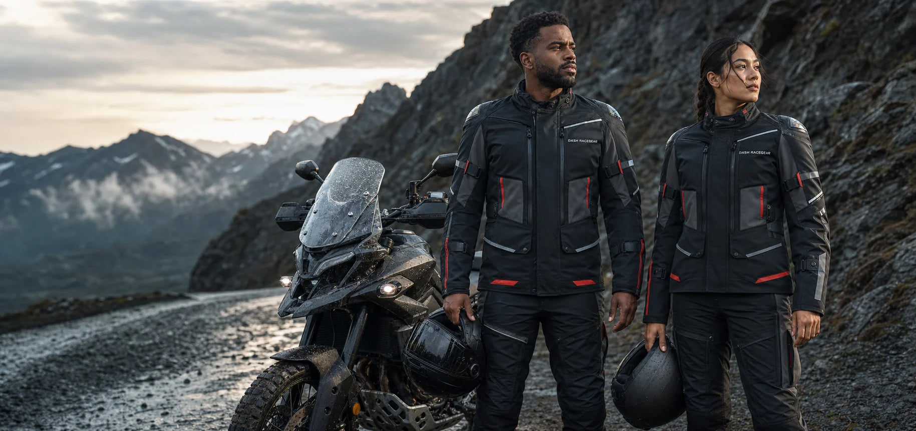 DASH RACEGEAR adventure bike riding jackets for motorcycle touring on an alpine road