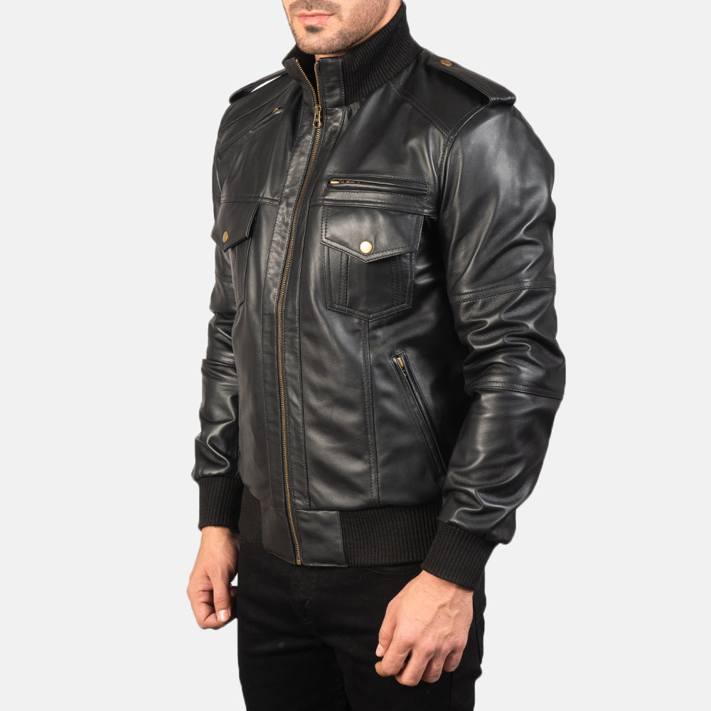 Agent Shadow Black Leather Bomber Jacket by Dash Racegear - men Jacket view 2
