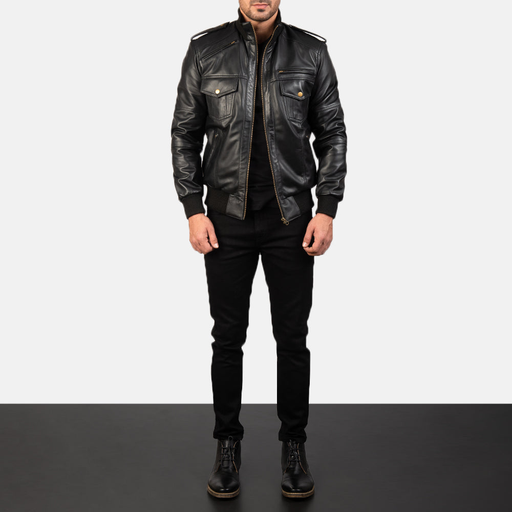 Agent Shadow Black Leather Bomber Jacket by Dash Racegear - men Jacket view 3