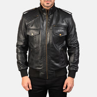 Agent Shadow Black Leather Bomber Jacket by Dash Racegear - men Jacket view 4