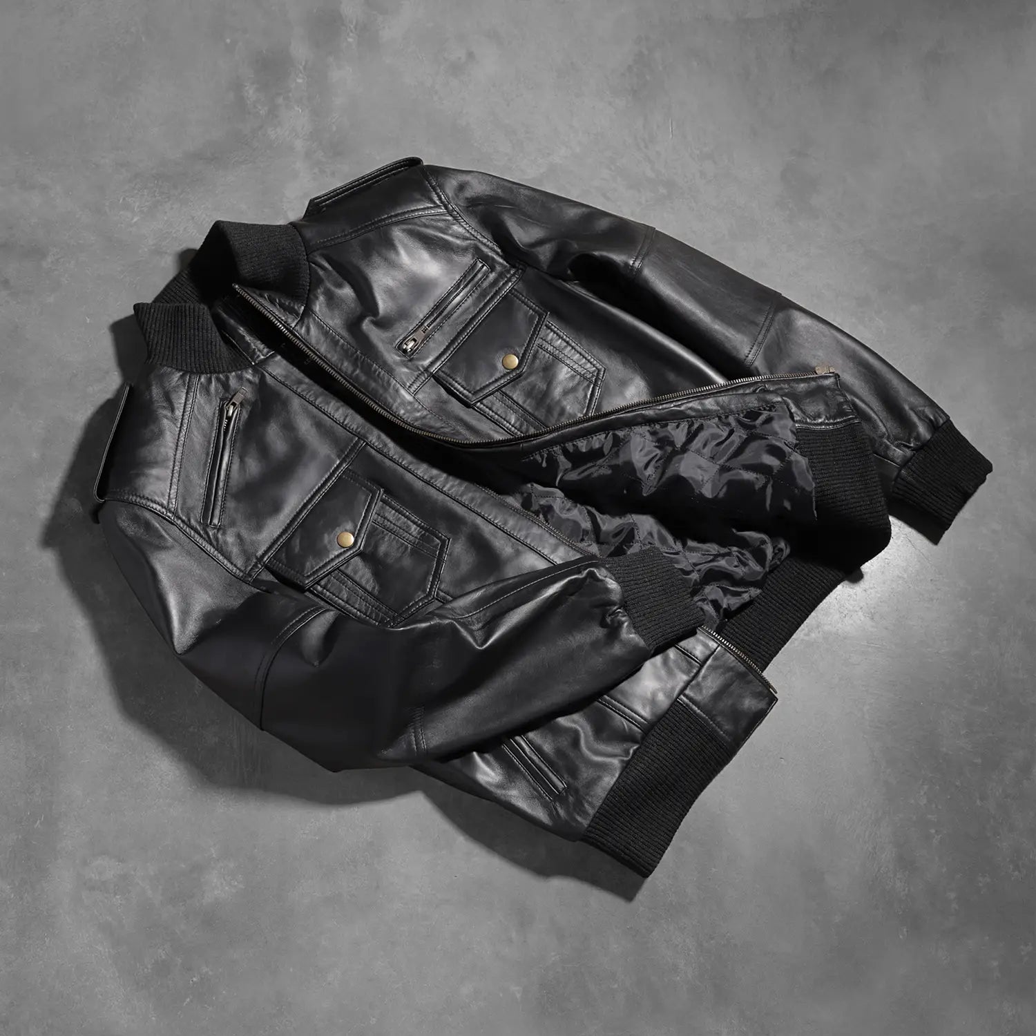 Agent Shadow Black Leather Bomber Jacket by Dash Racegear - men Jacket view 7