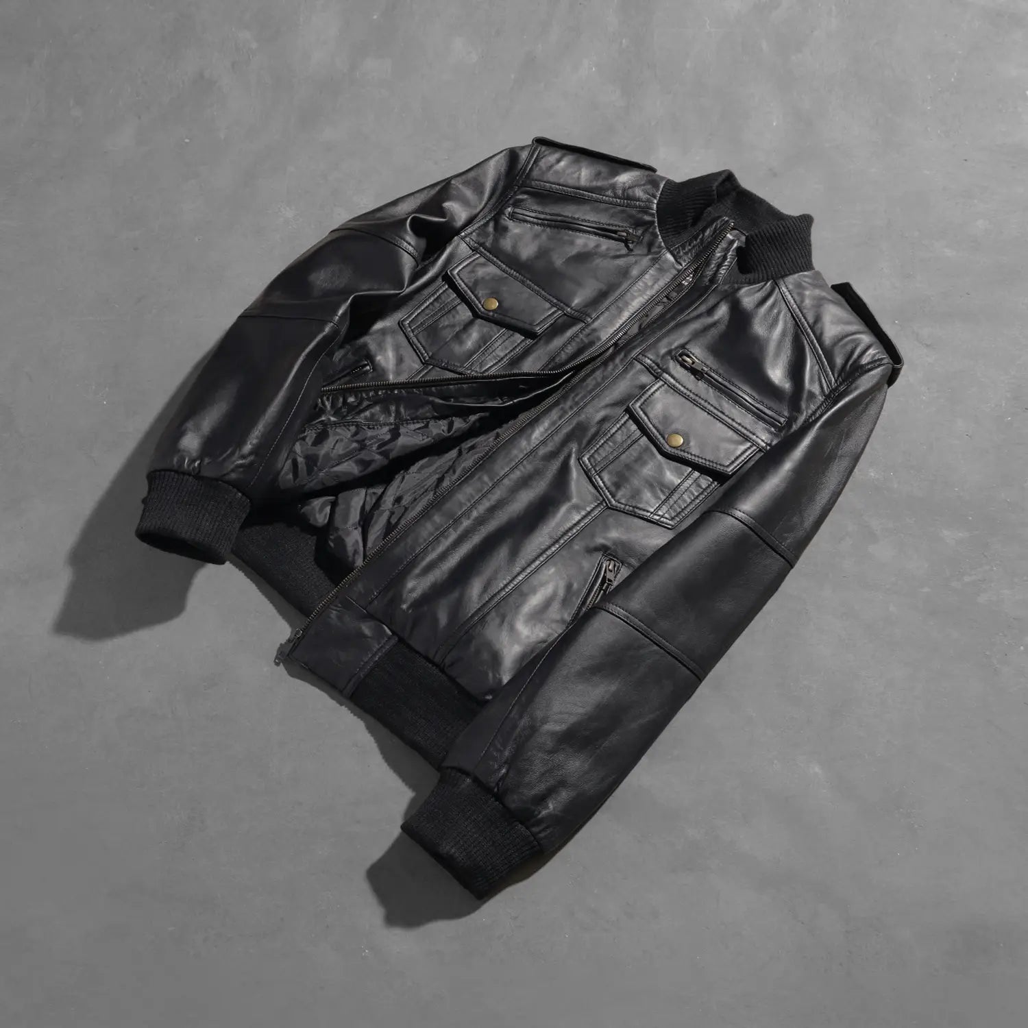 Agent Shadow Black Leather Bomber Jacket by Dash Racegear - men Jacket view 8