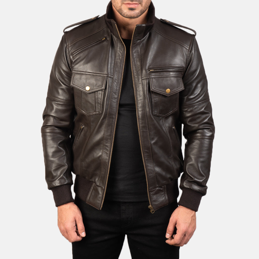Agent Shadow Brown Leather Bomber Jacket by Dash Racegear - men Jacket view 1
