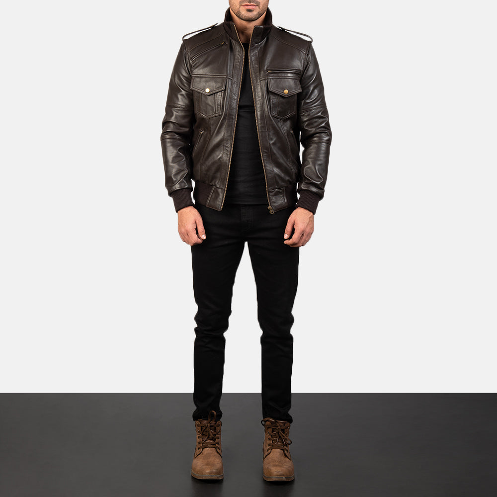 Agent Shadow Brown Leather Bomber Jacket by Dash Racegear - men Jacket view 3