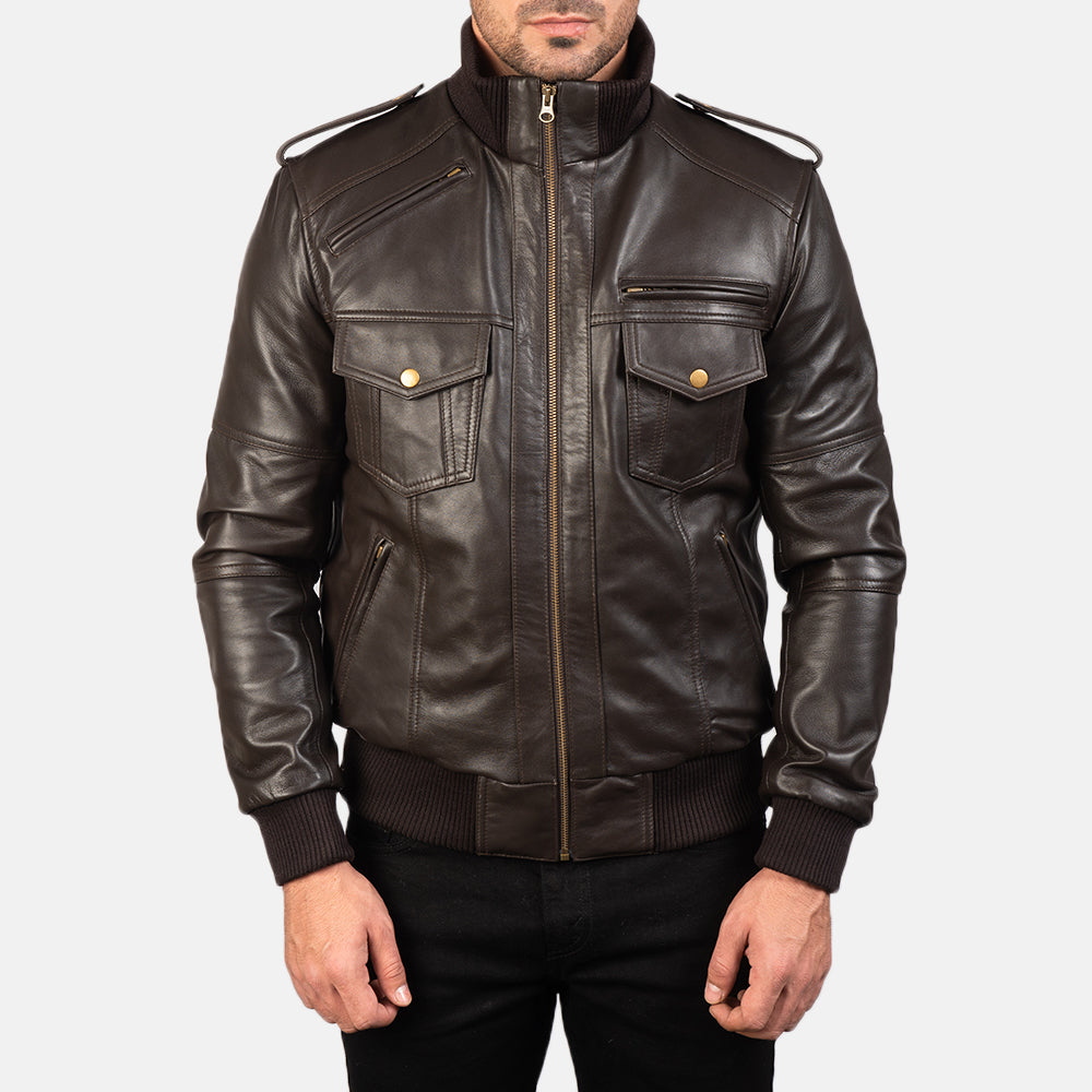 Agent Shadow Brown Leather Bomber Jacket by Dash Racegear - men Jacket view 4