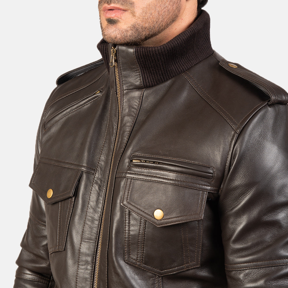 Agent Shadow Brown Leather Bomber Jacket by Dash Racegear - men Jacket view 6