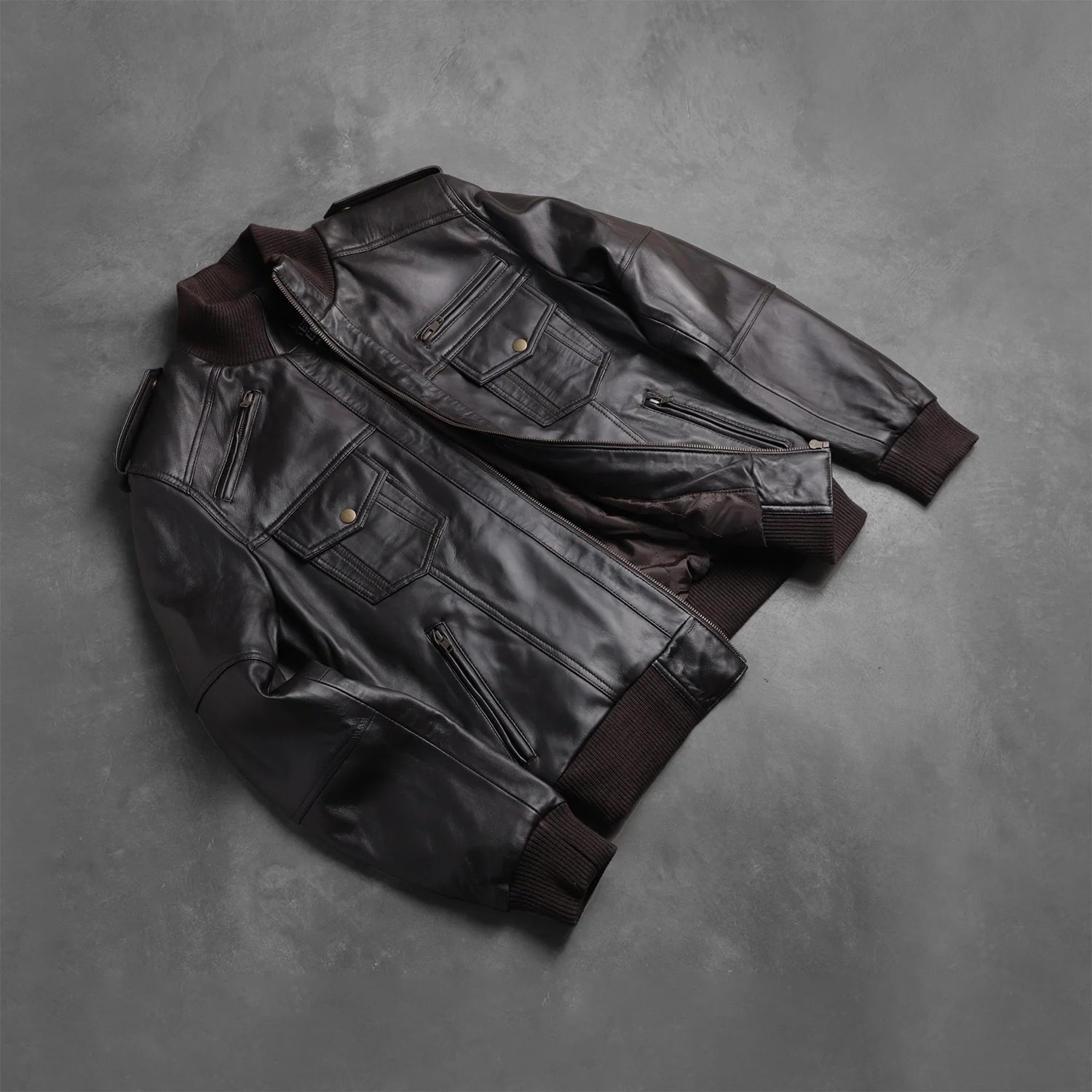Agent Shadow Brown Leather Bomber Jacket by Dash Racegear - men Jacket view 7