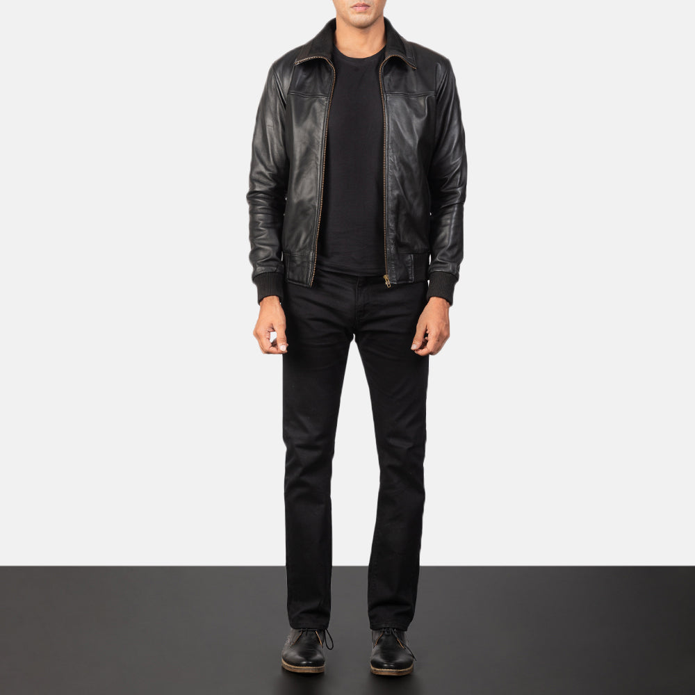 Air Rolf Black Leather Bomber Jacket by Dash Racegear - men Jacket view 3