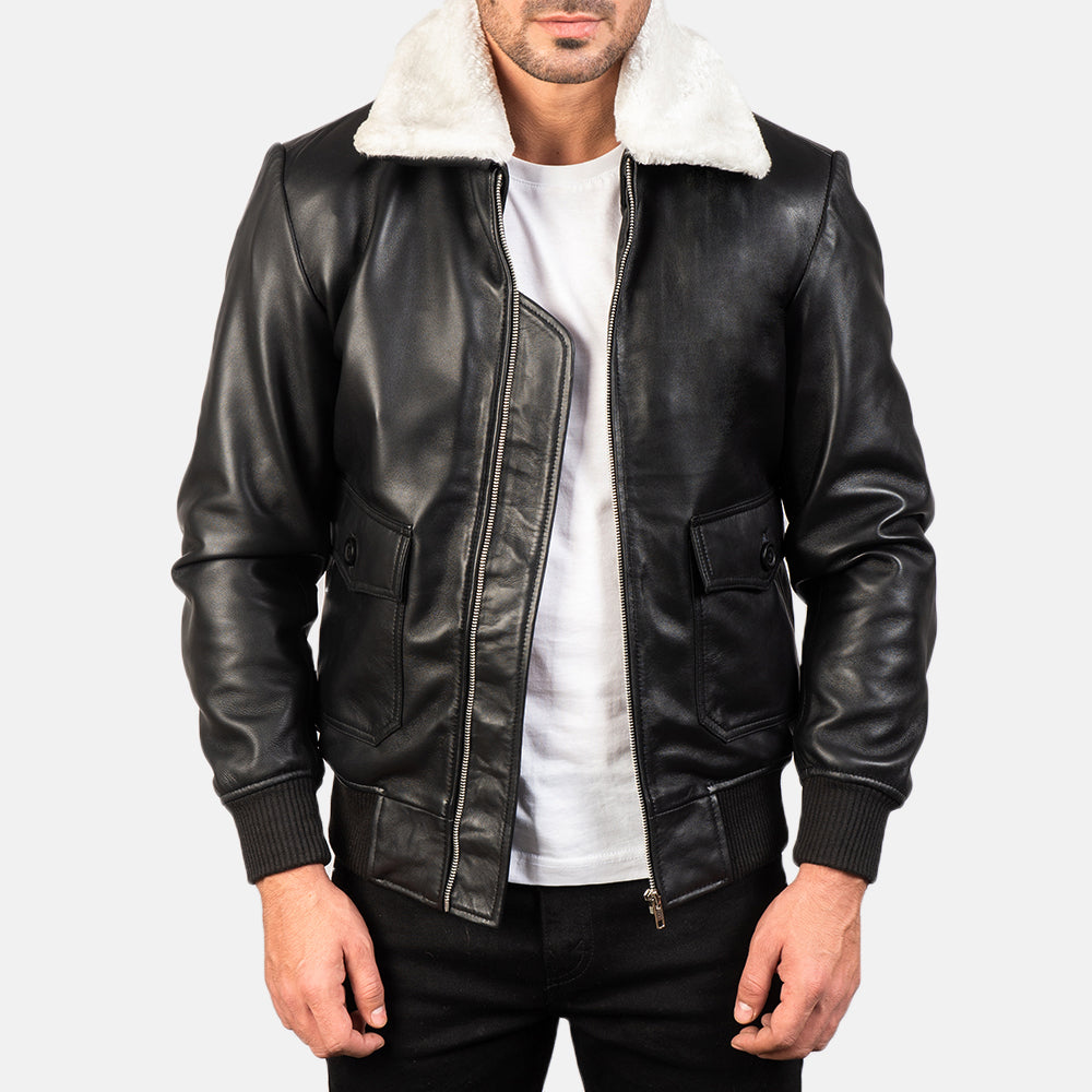 Airin G-1 Black & White Leather Bomber Jacket by Dash Racegear - men Jacket view 1
