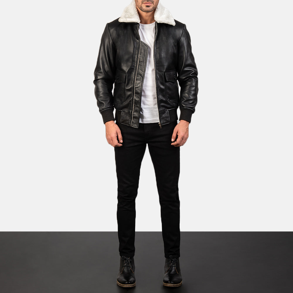 Airin G-1 Black & White Leather Bomber Jacket by Dash Racegear - men Jacket view 3