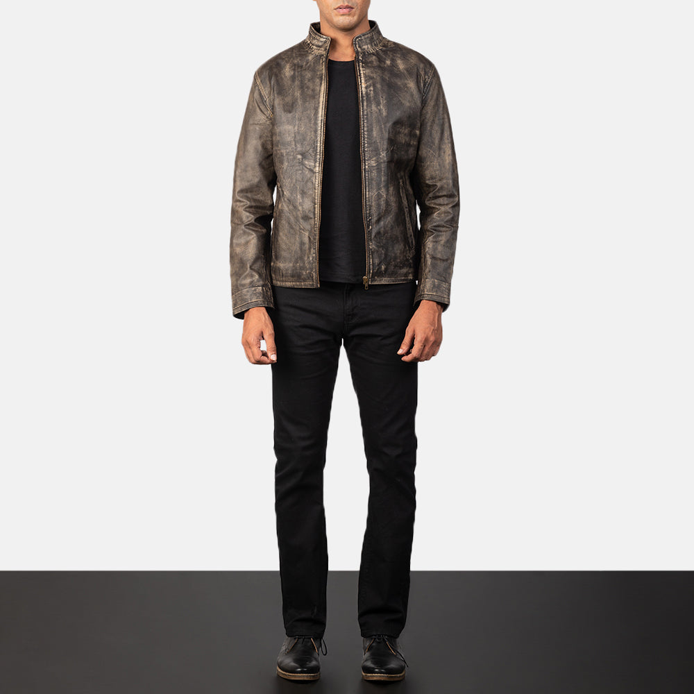 Alex Distressed Brown Leather Biker Jacket by Dash Racegear - men Jacket view 3
