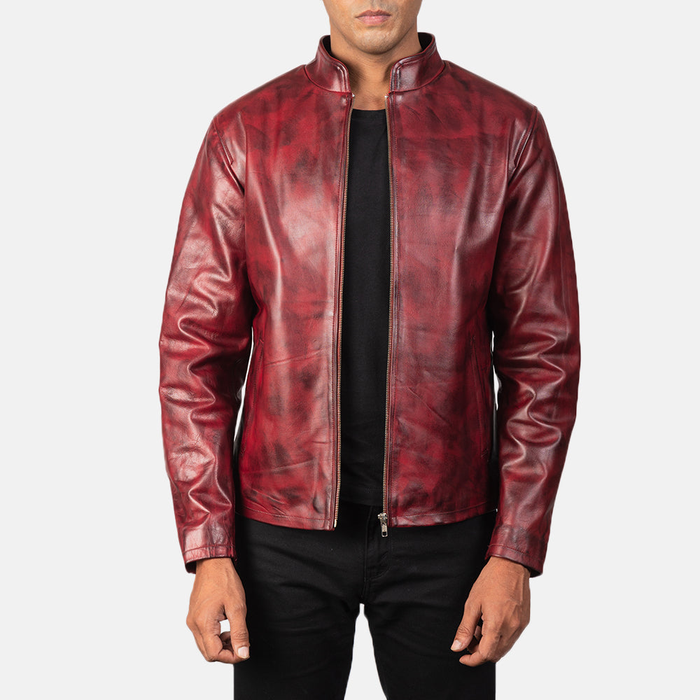 Alex Distressed Burgundy Leather Jacket by Dash Racegear - men Jacket view 1