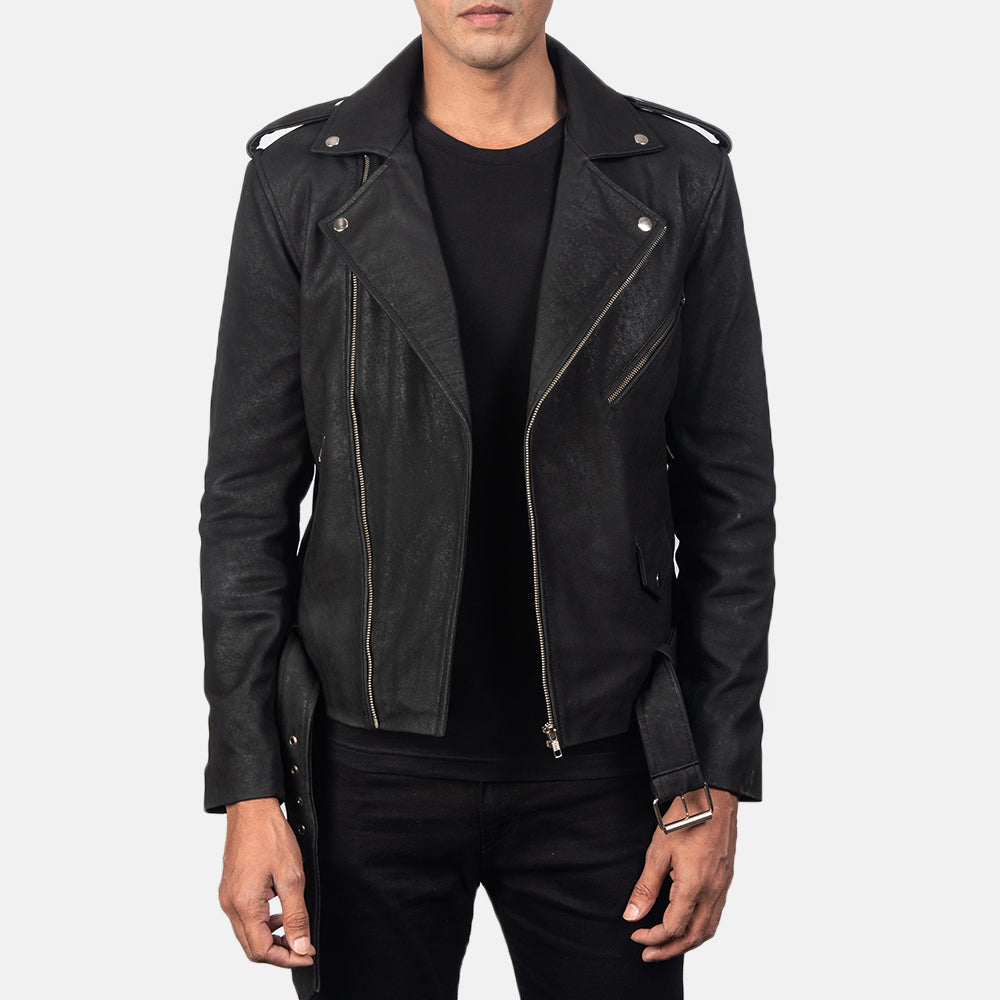 Allaric Alley Distressed Black Leather Biker Jacket by Dash Racegear - men Jacket view 1