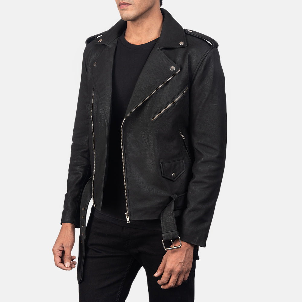 Allaric Alley Distressed Black Leather Biker Jacket by Dash Racegear - men Jacket view 2
