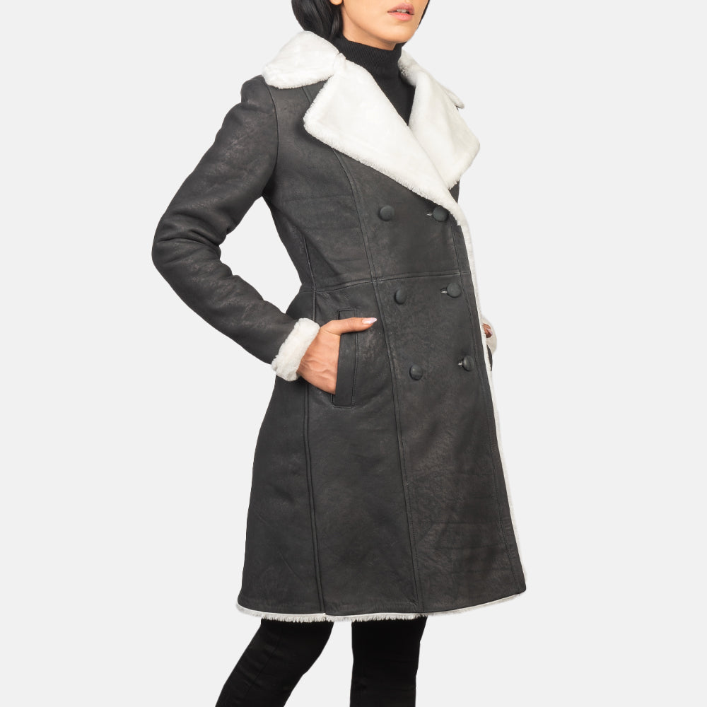 Amie Black Double Breasted Shearling Coat by Dash Racegear - women Jacket view 3