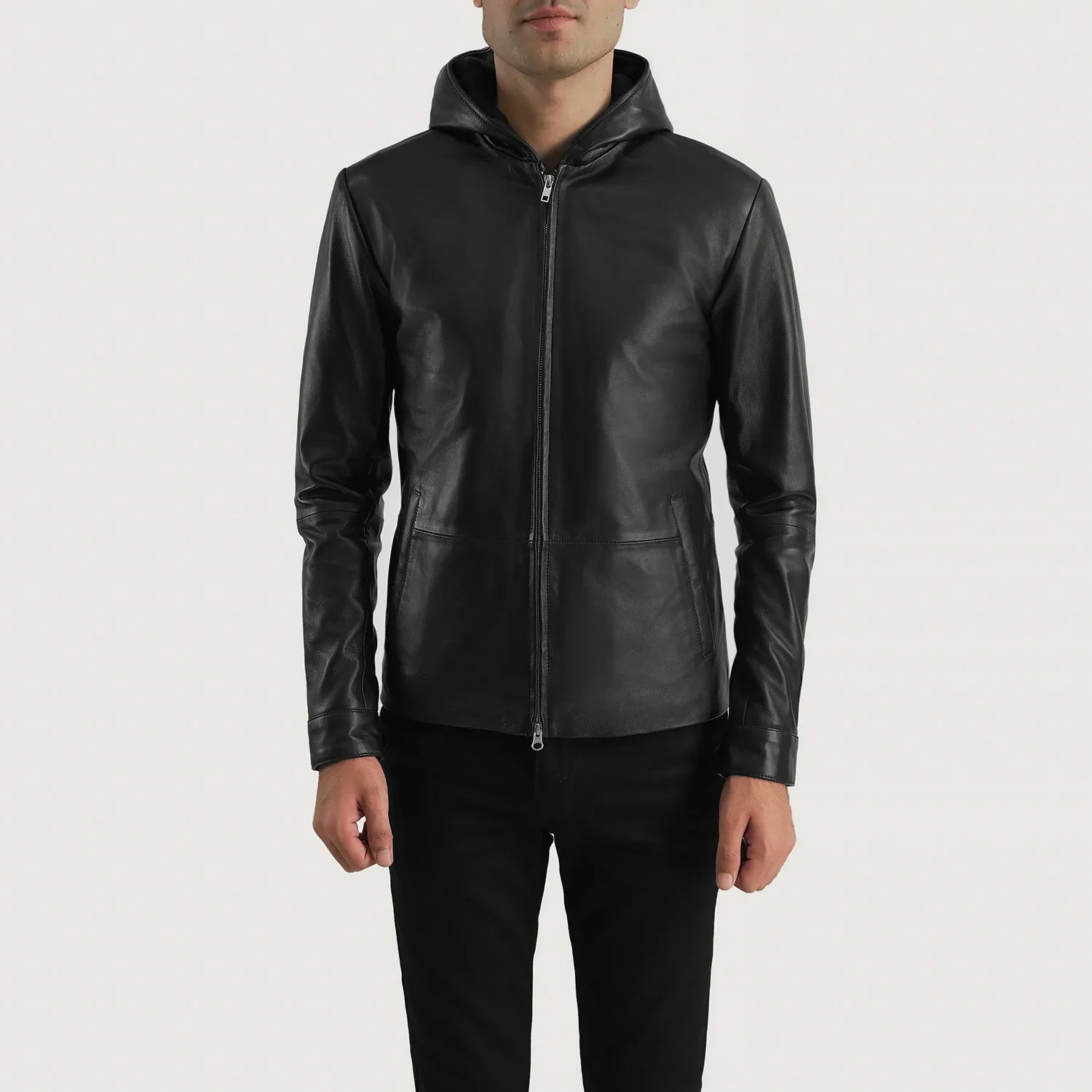 Andy Matte Black Hooded Leather Jacket by Dash Racegear - men Jacket view 1