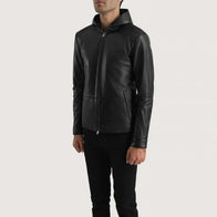 Andy Matte Black Hooded Leather Jacket by Dash Racegear - men Jacket view 2