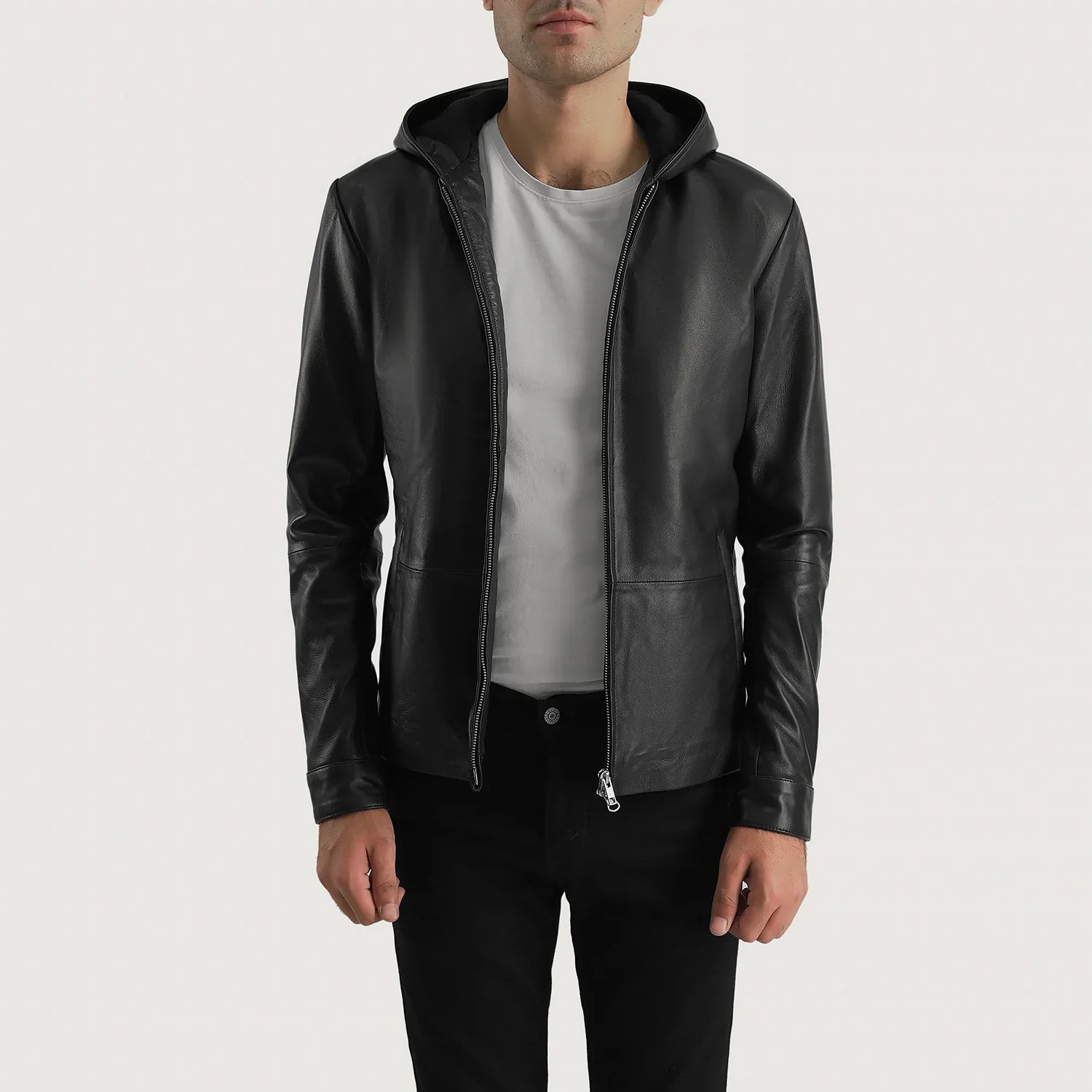 Andy Matte Black Hooded Leather Jacket by Dash Racegear - men Jacket view 3