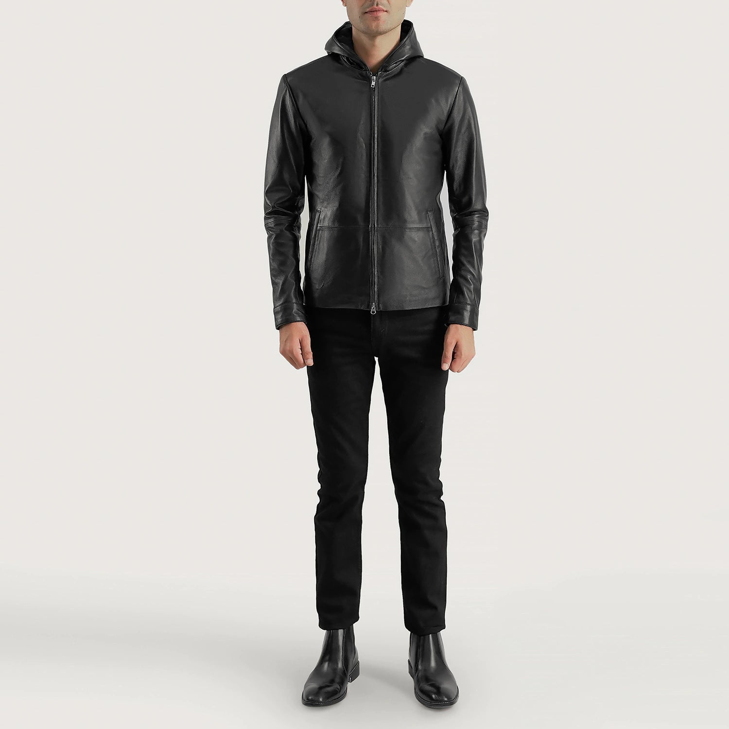 Andy Matte Black Hooded Leather Jacket by Dash Racegear - men Jacket view 4