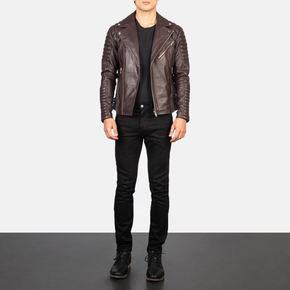 Armand Maroon Leather Biker Jacket by Dash Racegear - men Jacket view 3