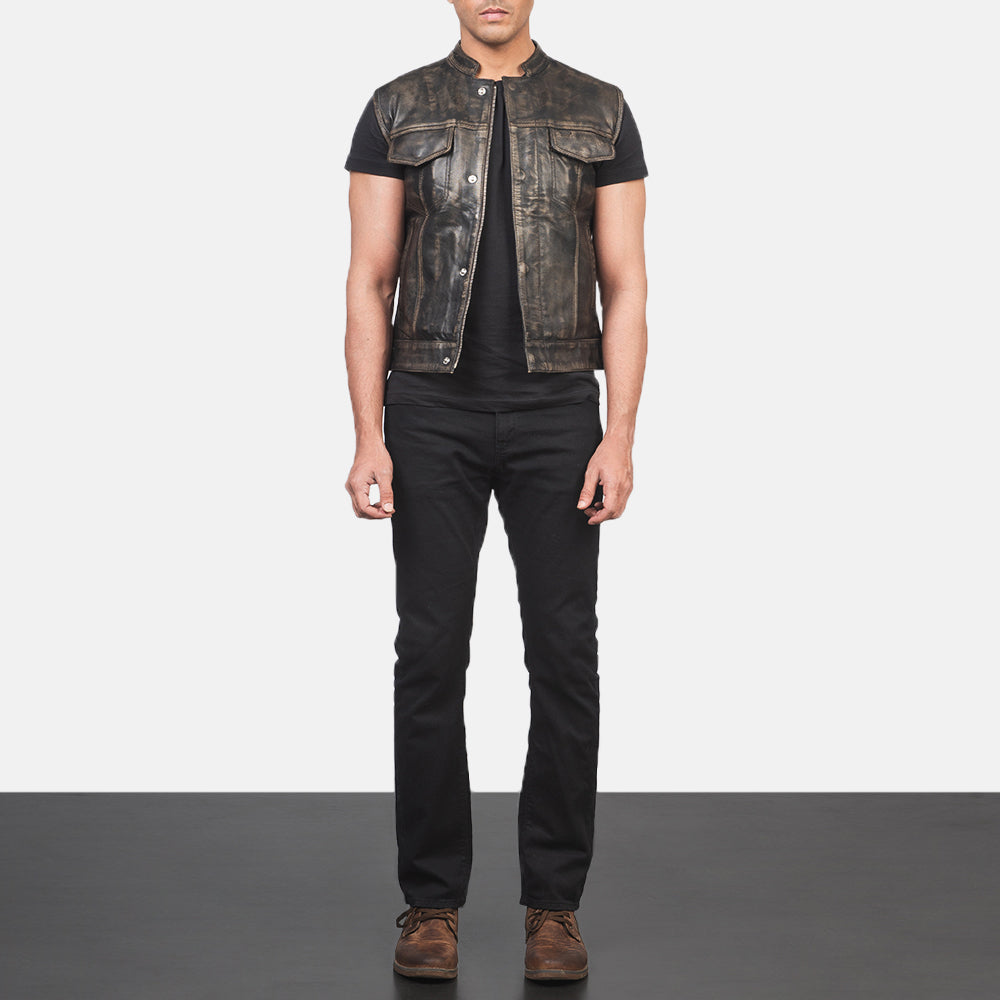 Atlas Moto Distressed Brown Leather Vest by Dash Racegear - men Jacket view 3