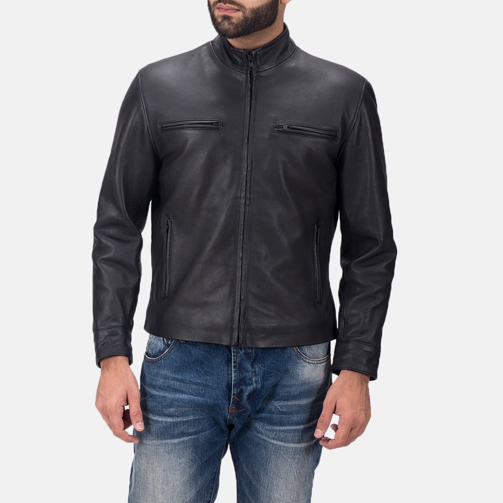Austere Matte Black Leather Biker Jacket by Dash Racegear - men Jacket view 1