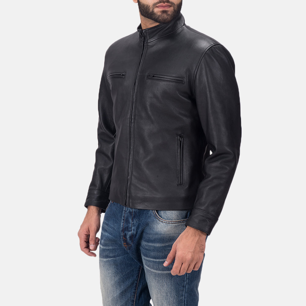 Austere Matte Black Leather Biker Jacket by Dash Racegear - men Jacket view 2