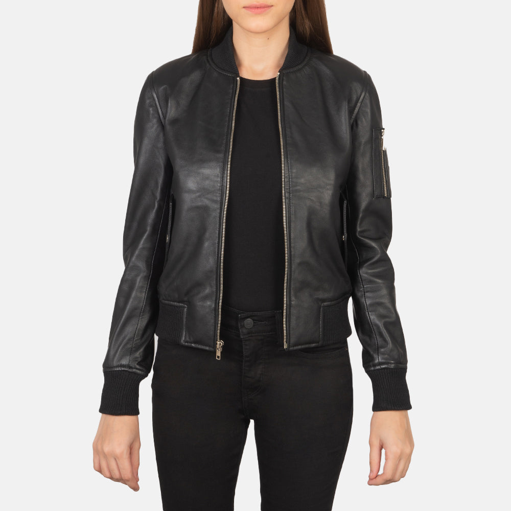 Ava Ma-1 Black Leather Bomber Jacket by Dash Racegear - women Jacket view 1