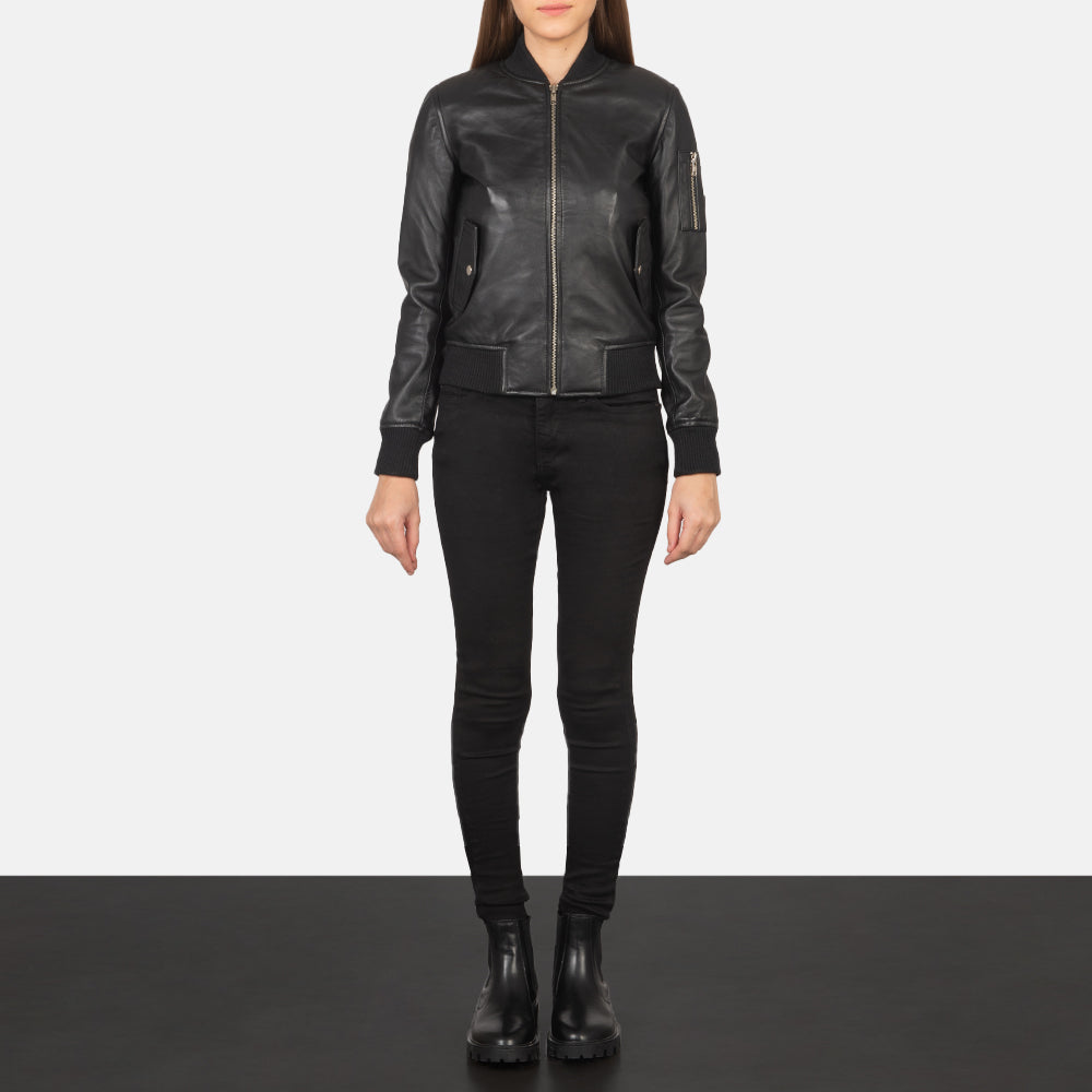 Ava Ma-1 Black Leather Bomber Jacket by Dash Racegear - women Jacket view 3