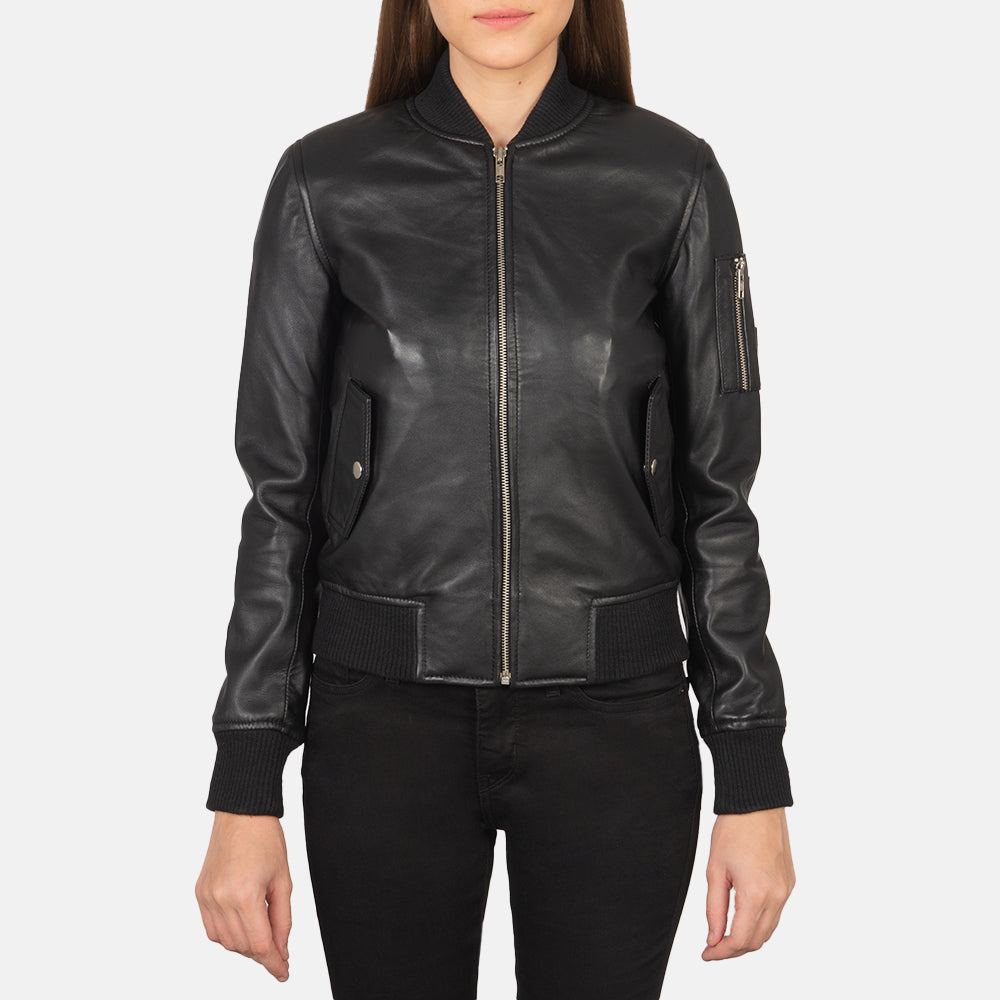 Ava Ma-1 Black Leather Bomber Jacket by Dash Racegear - women Jacket view 4