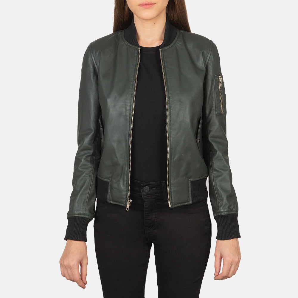 Ava Ma-1 Green Leather Bomber Jacket by Dash Racegear - women Jacket view 1